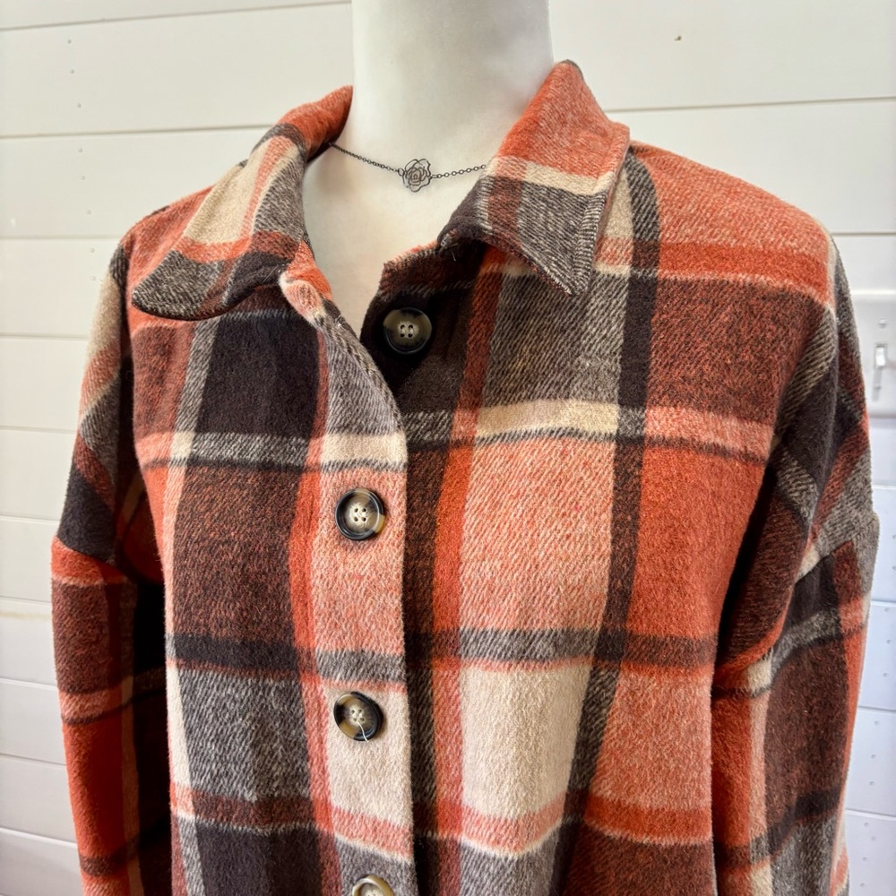 Fall Winter Brown & Orange Plaid Jacket Coat Cotton Blend Womens Large